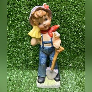 Vintage Figure Little Boy With Shovel Red Scarf Made In Japan Ceramic Figurine